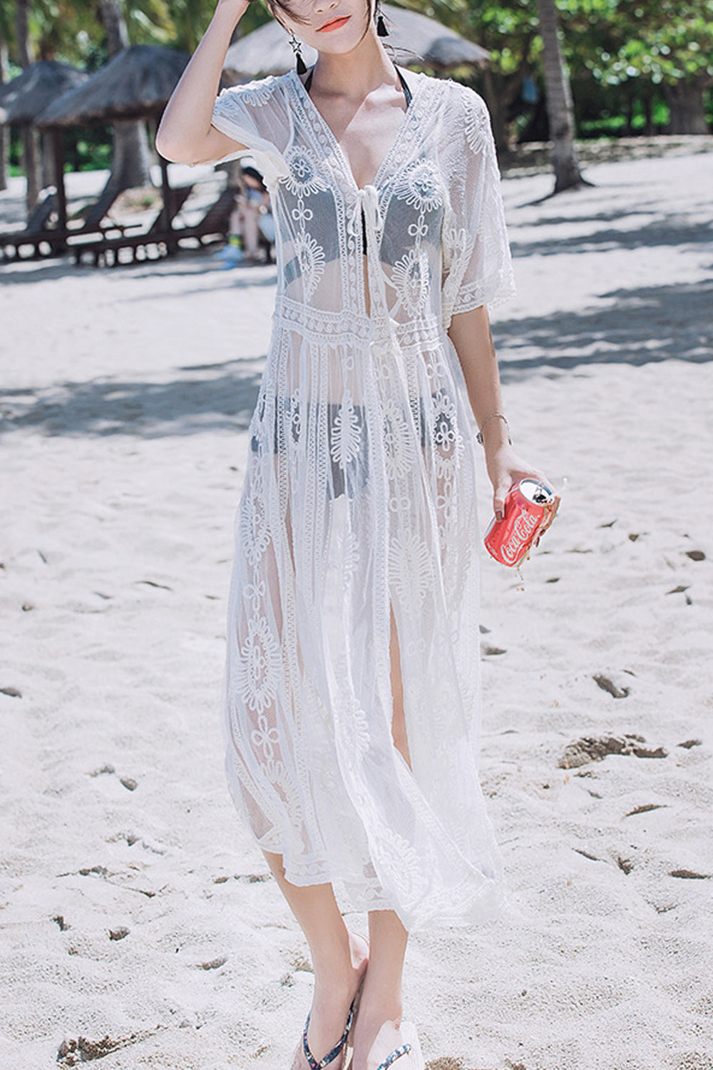 Women Hollow Lace Tie Knot Breathable Short Sleeve Cover-Up