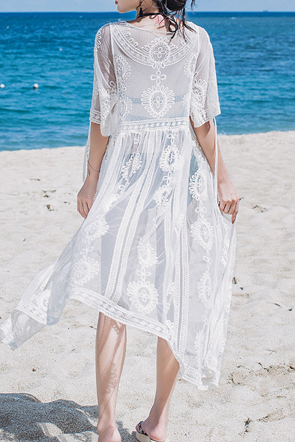 Women Hollow Lace Tie Knot Breathable Short Sleeve Cover-Up