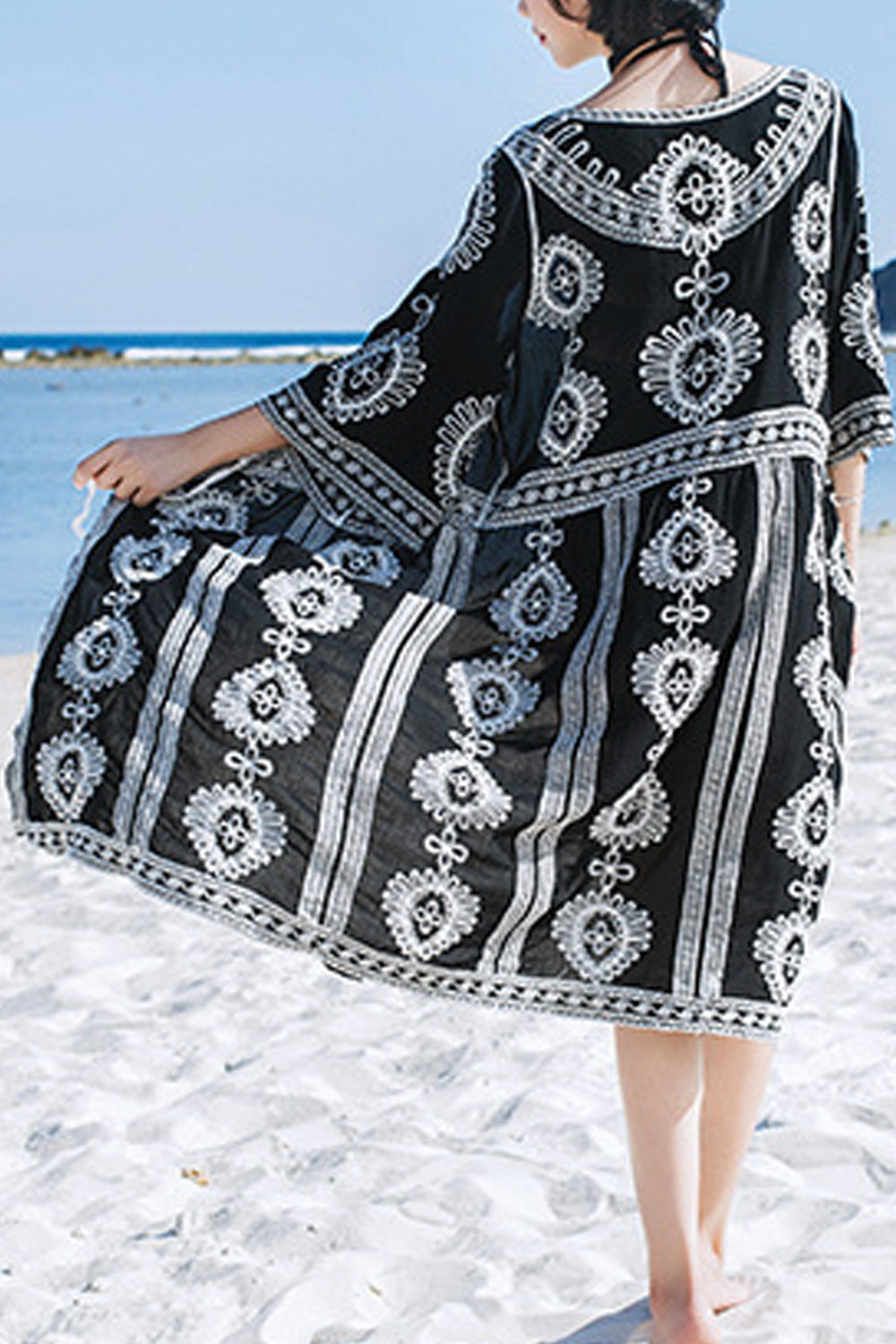 Women Hollow Lace Tie Knot Breathable Short Sleeve Cover-Up