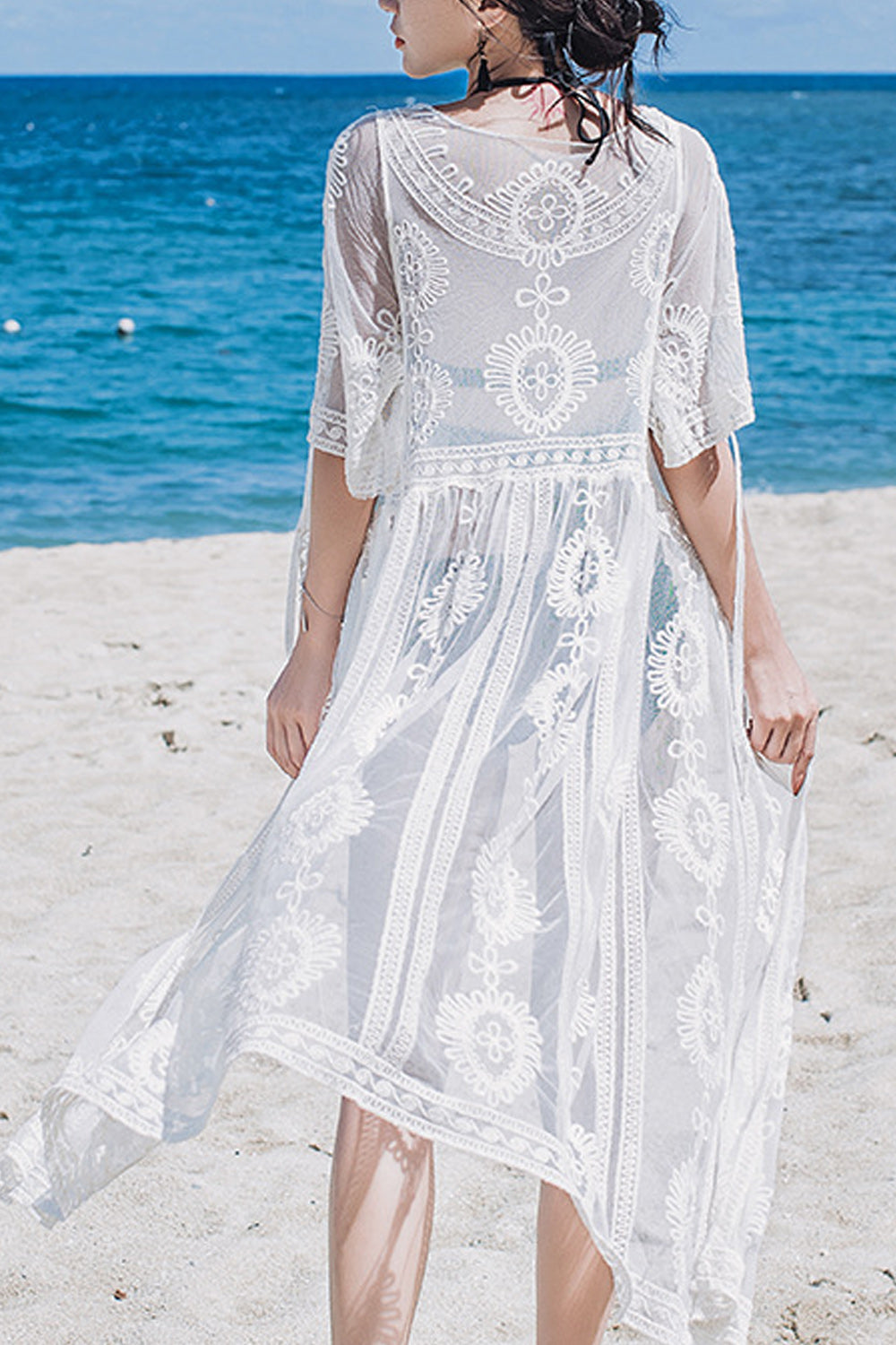 Women Hollow Lace Tie Knot Breathable Short Sleeve Cover-Up