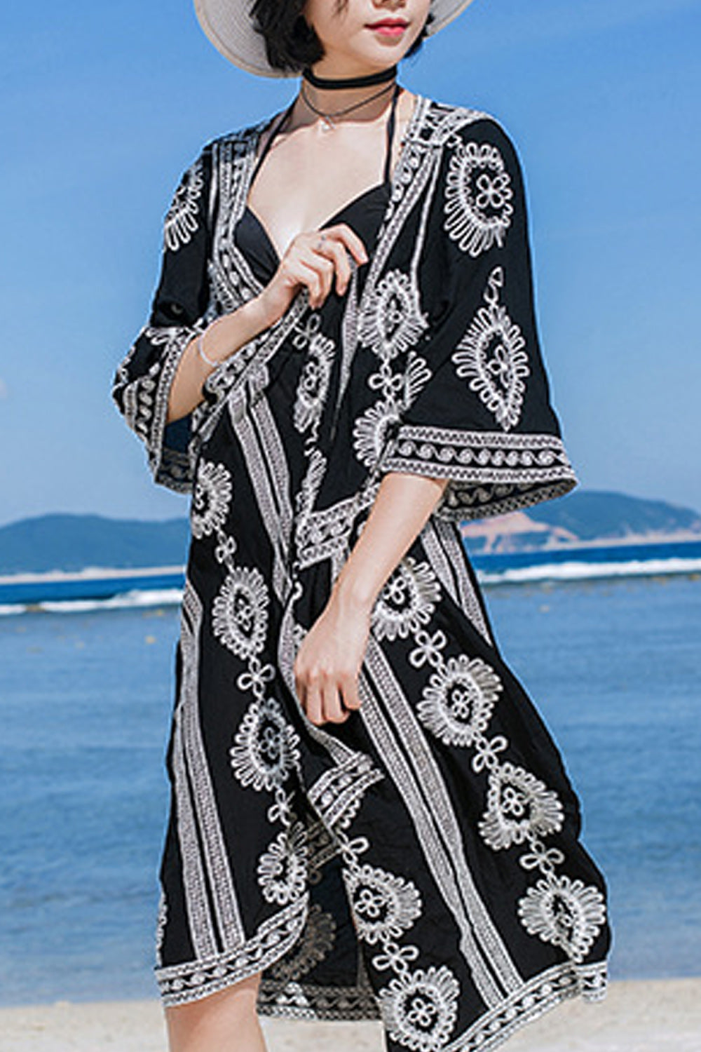 Women Hollow Lace Tie Knot Breathable Short Sleeve Cover-Up