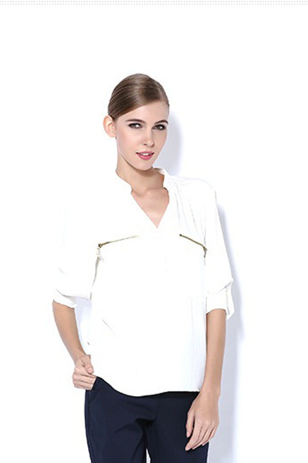 Women Long Sleeve Crepe Collar Neck Shirt White