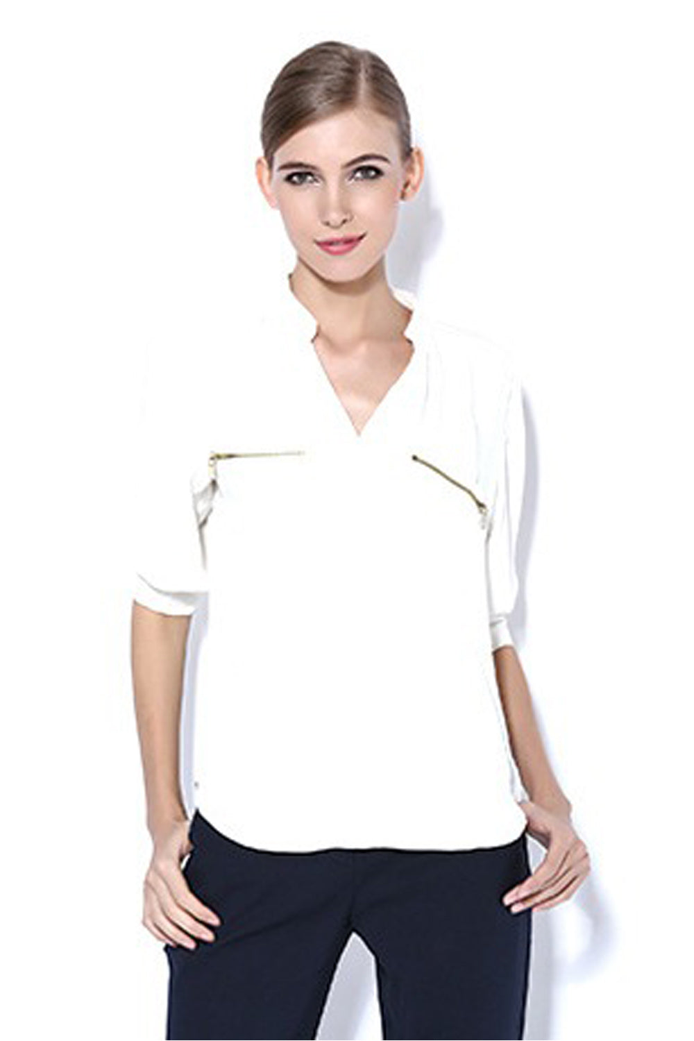 Women Long Sleeve Crepe Collar Neck Shirt White