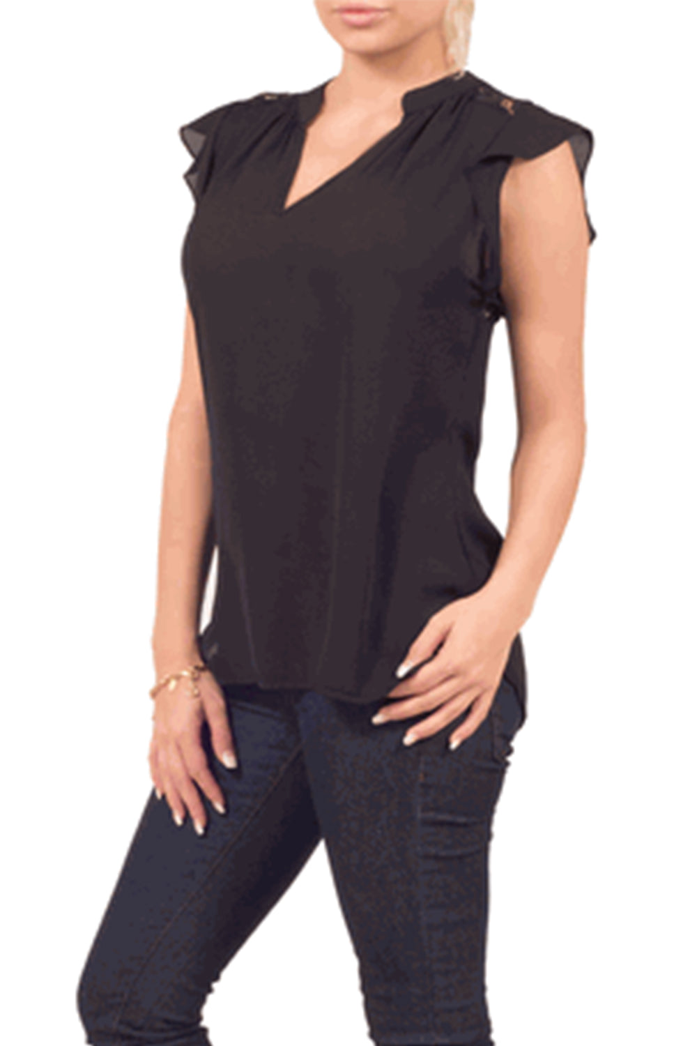 Women Body Fit V-Neck Sleeveless Chiffon Top Black