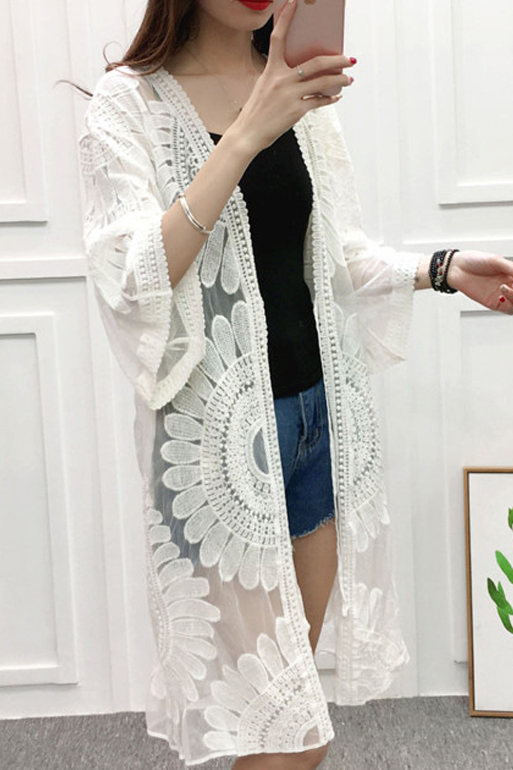 Women Mid Length Flower Lace Beautiful Beach Cover-Up