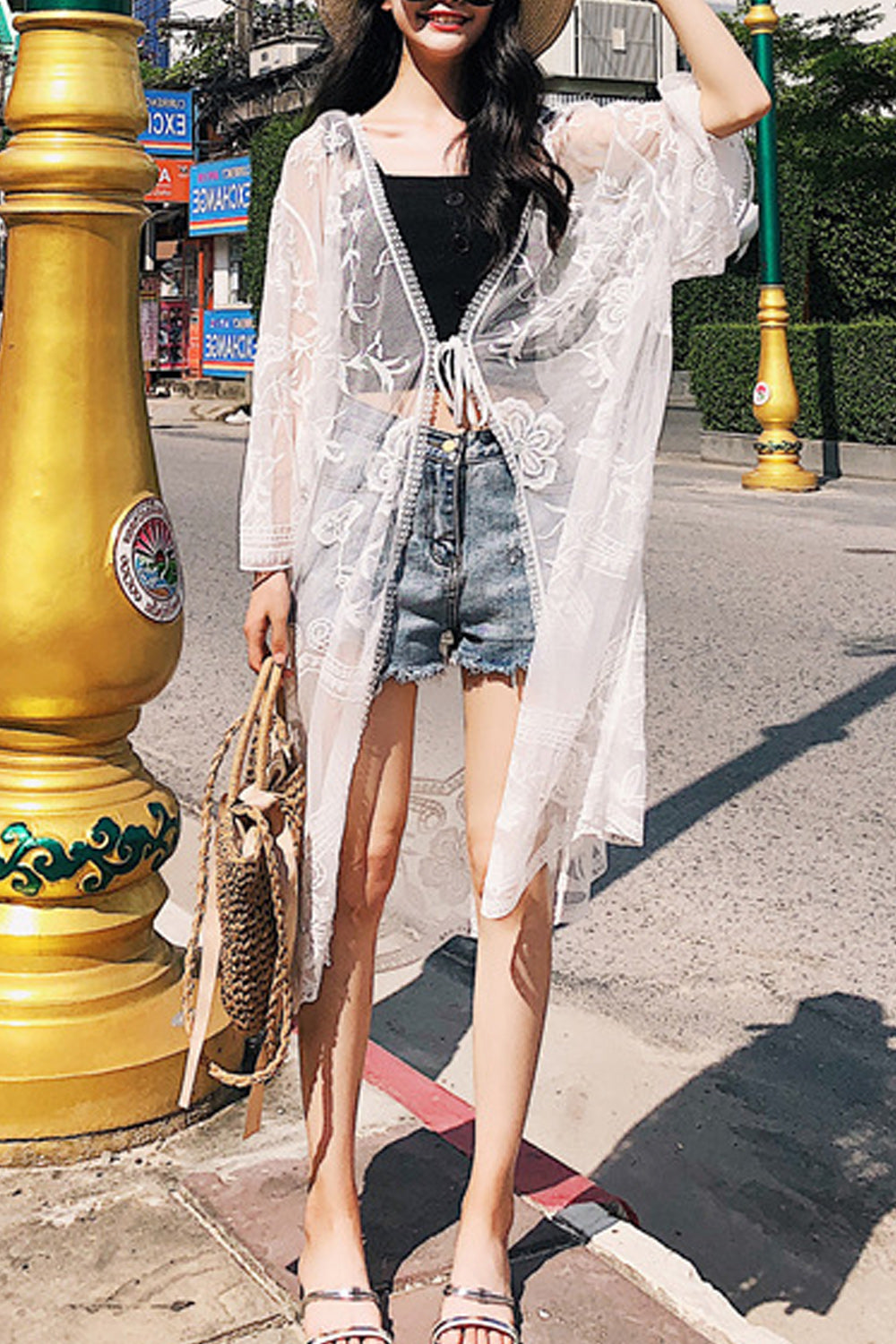 Women Beautiful Lace Mesh Solid Colored Beach Cover-Up