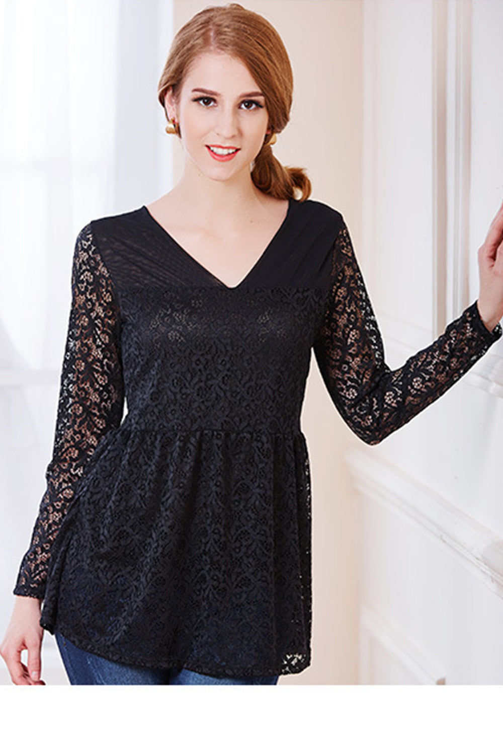 Women Pleated Waist Tight Bust V-Neck Blouse Black