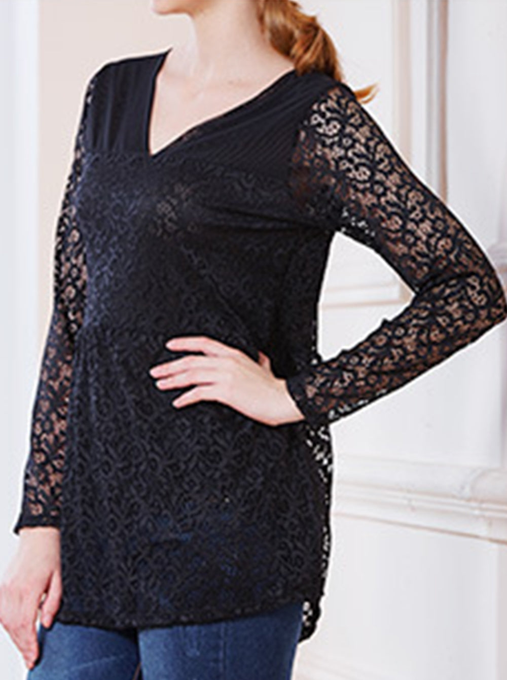 Women Pleated Waist Tight Bust V-Neck Blouse Black