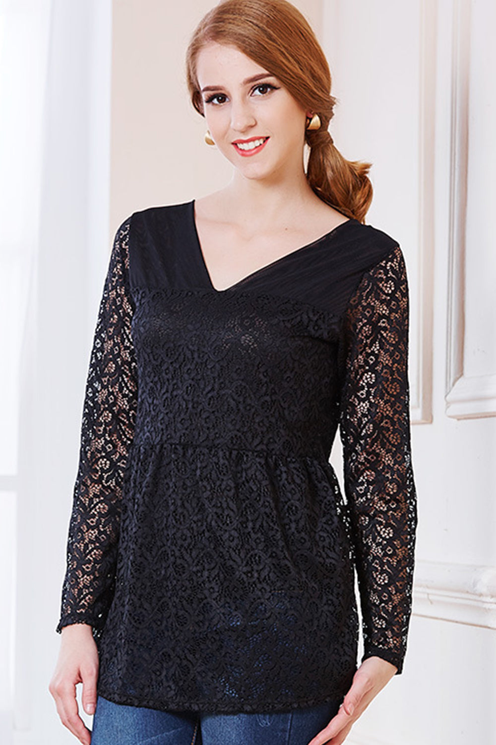Women Pleated Waist Tight Bust V-Neck Blouse Black