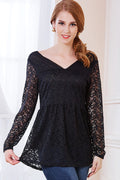 Women Pleated Waist Tight Bust V-Neck Blouse Black