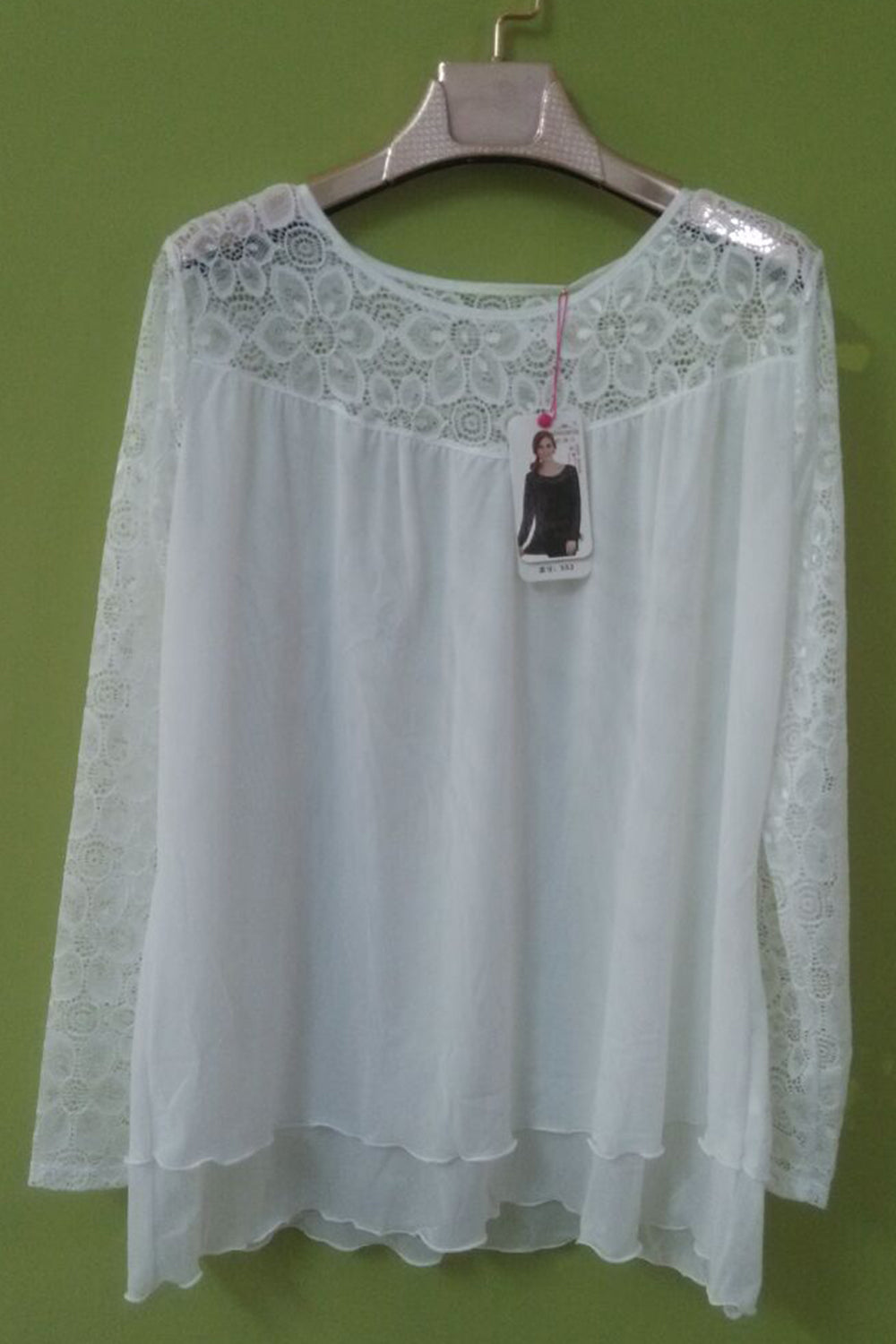 Women Round Flower Lace Long Sleeves Blouse White