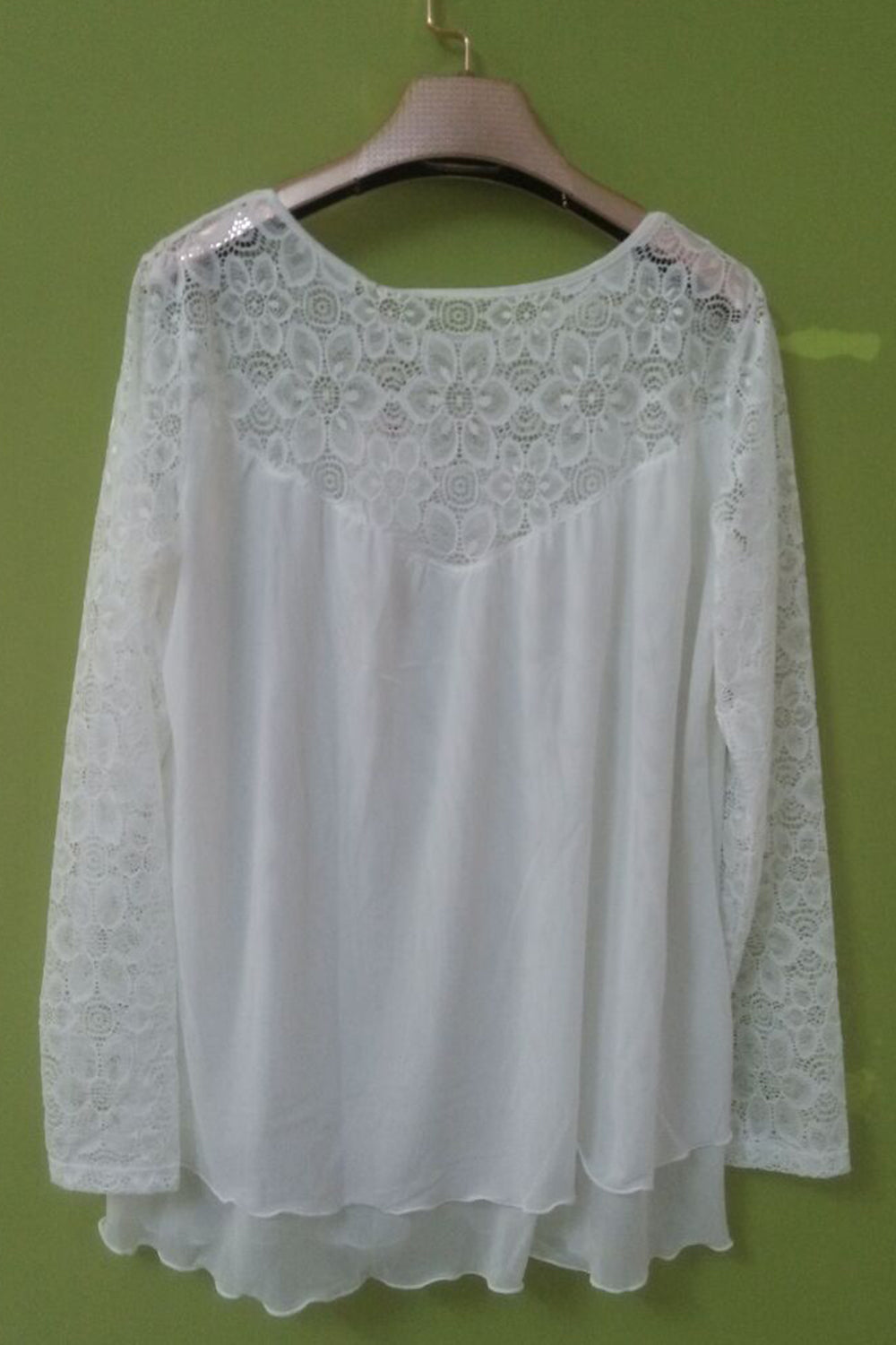 Women Round Flower Lace Long Sleeves Blouse White