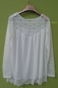 Women Round Flower Lace Long Sleeves Blouse White