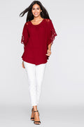 Women Loose Bat Sleeves Party Lace Blouse Red Vine