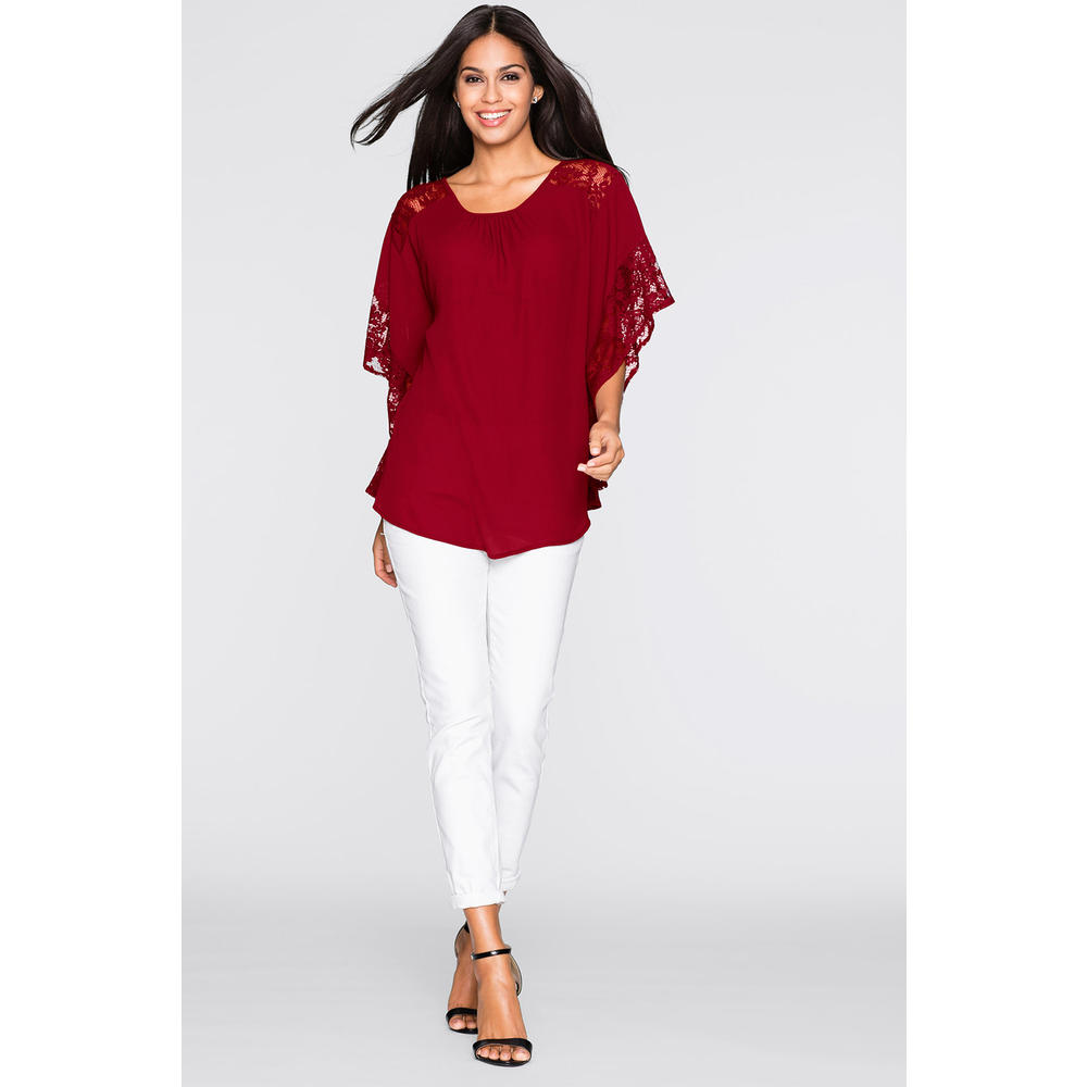 Women Loose Bat Sleeves Party Lace Blouse Red Vine
