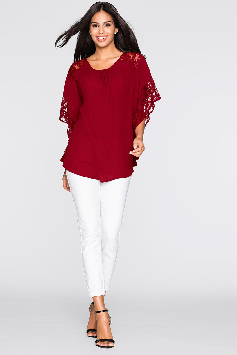 Women Loose Bat Sleeves Party Lace Blouse Red Vine