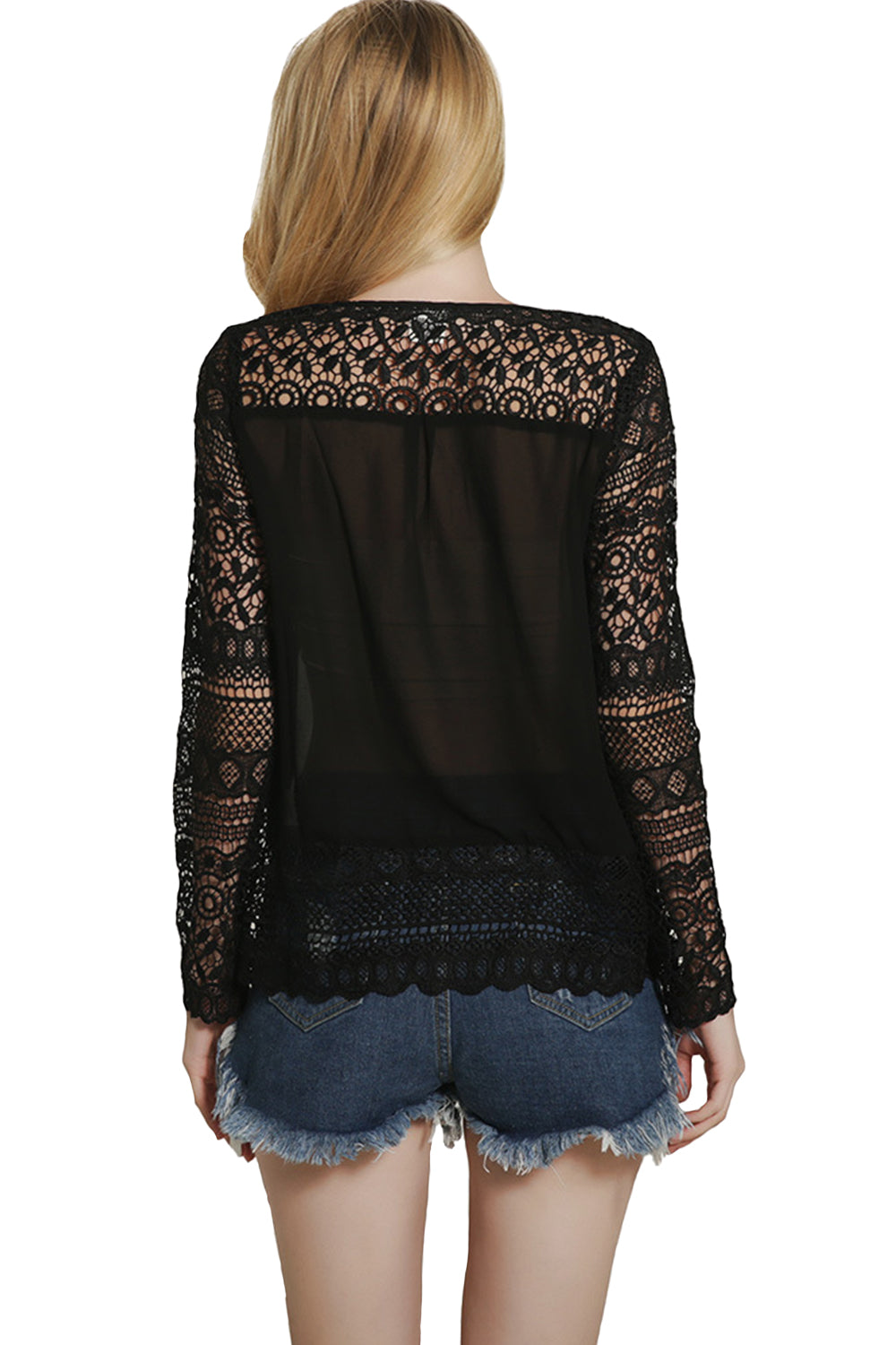 Women Lace Decorated Long Sleeves and Hem Blouse Black