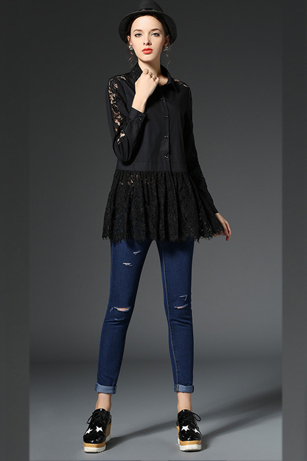 Women Long Transparent Flower Sleeves Top Black