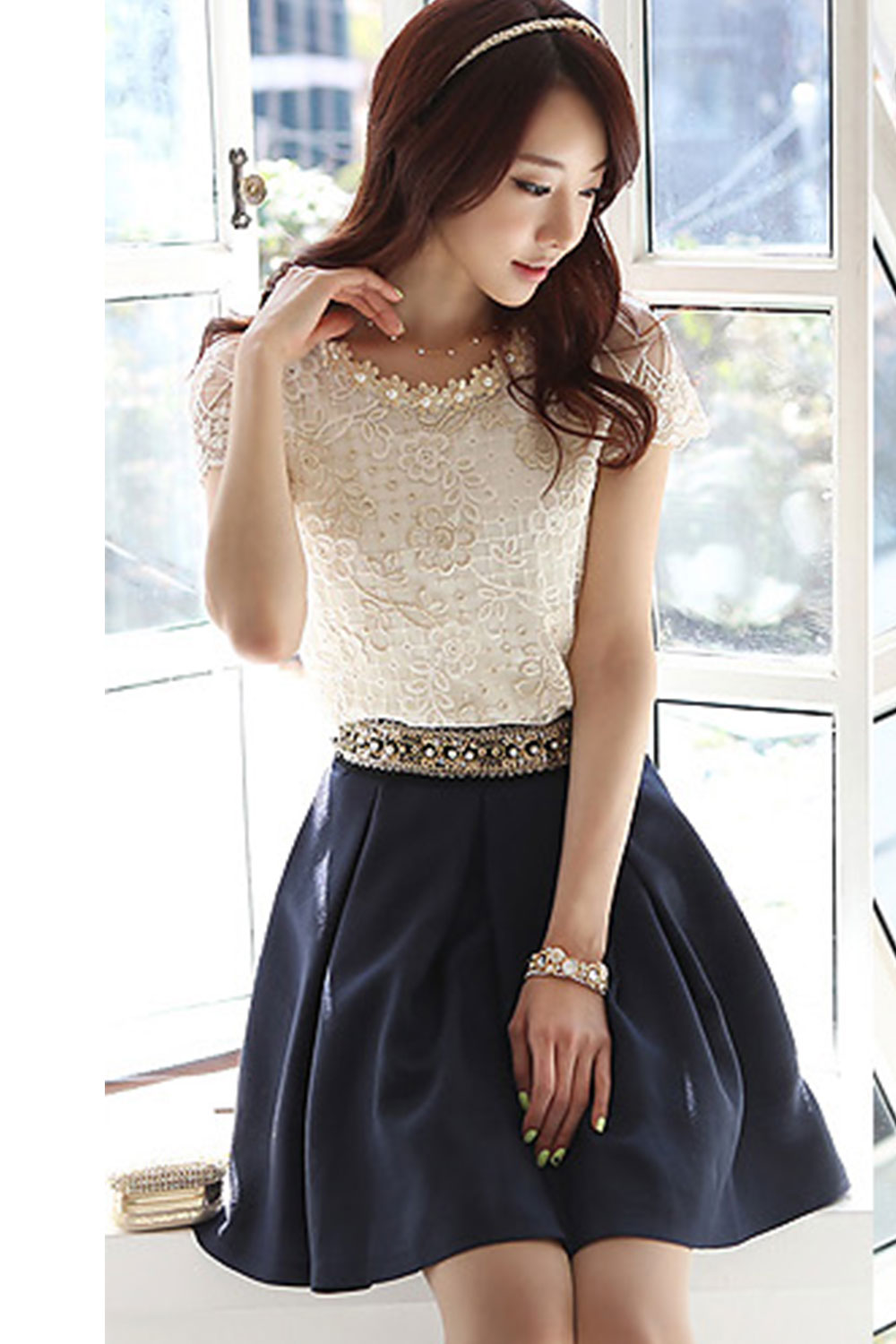 Women Short Sleeves Lace Trim Party Blouse White