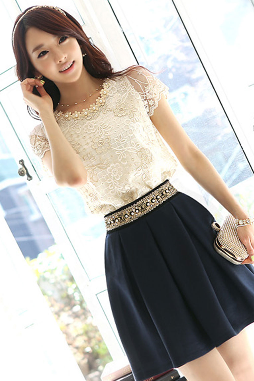 Women Short Sleeves Lace Trim Party Blouse White
