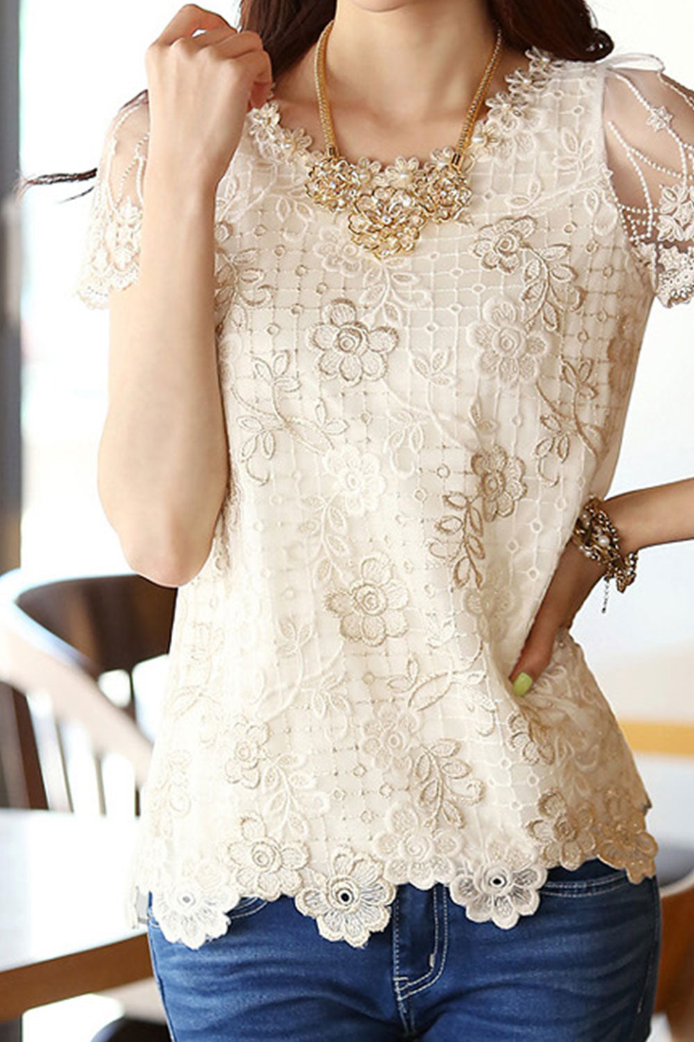 Women Short Sleeves Lace Trim Party Blouse White