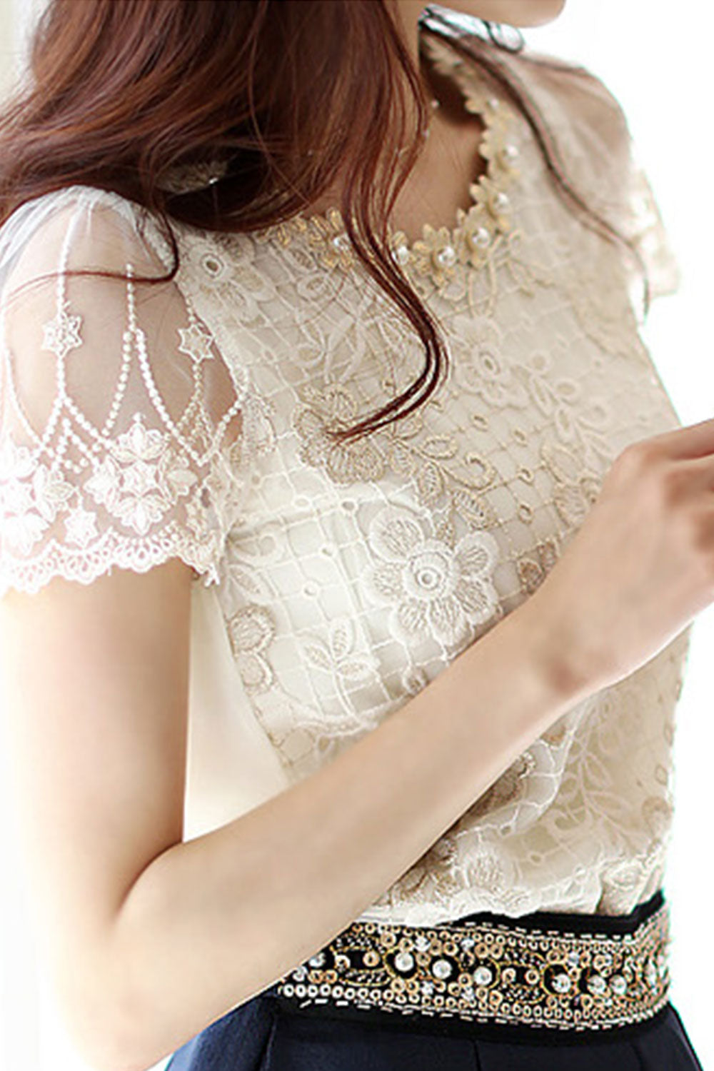 Women Short Sleeves Lace Trim Party Blouse White