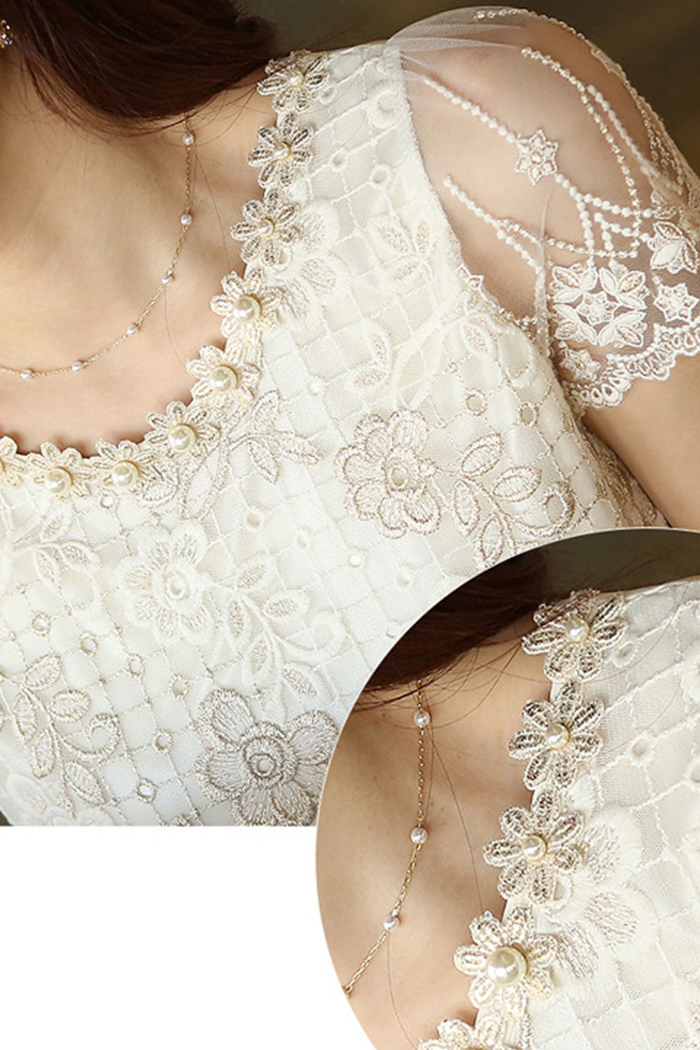 Women Short Sleeves Lace Trim Party Blouse White
