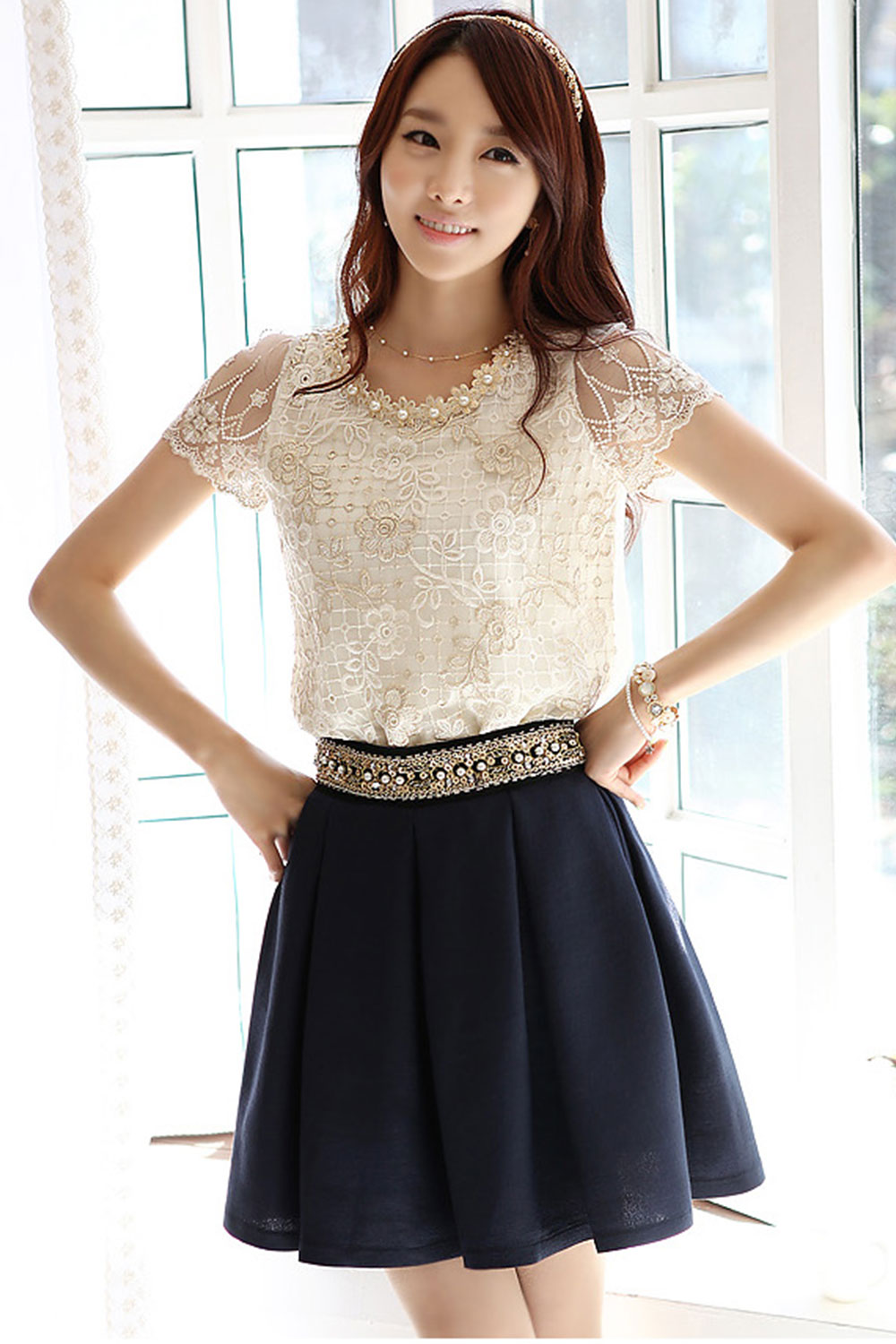Women Short Sleeves Lace Trim Party Blouse White
