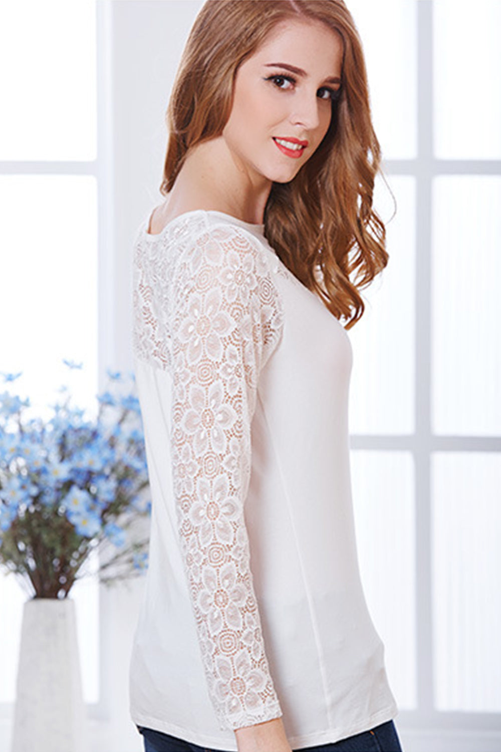 Women High Round Hollow Neck Slim Shirt White