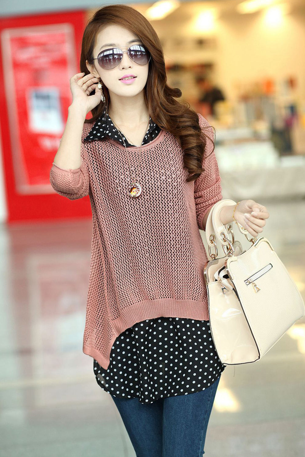 Women Polka Dot Shirt with Knitted Cover Up Blouse