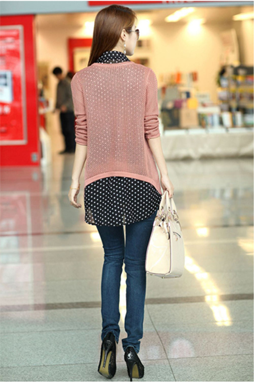 Women Polka Dot Shirt with Knitted Cover Up Blouse
