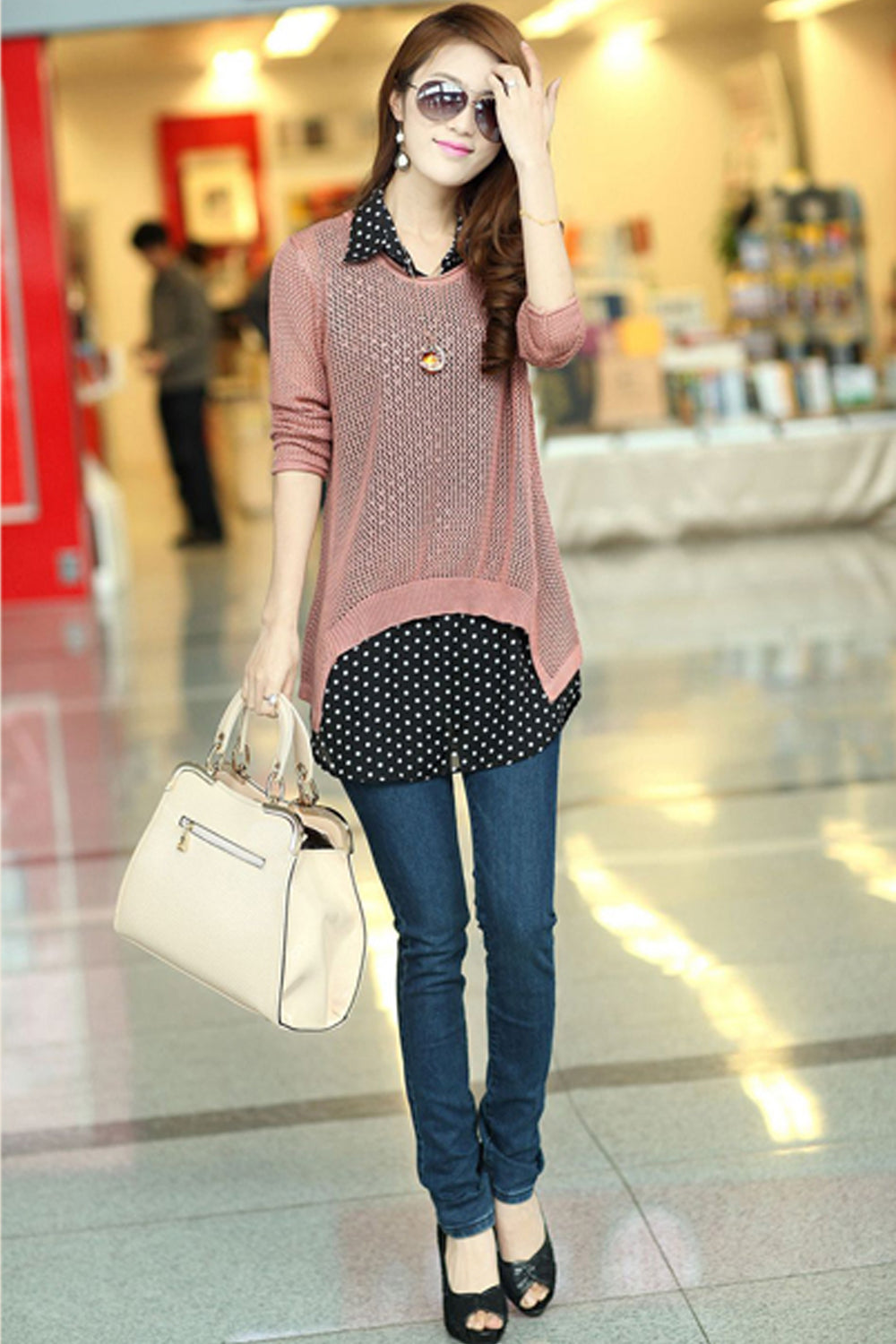 Women Polka Dot Shirt with Knitted Cover Up Blouse