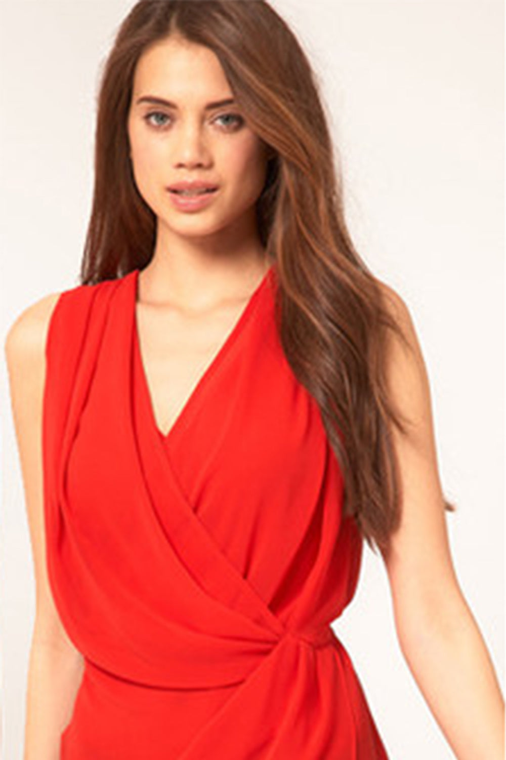 Women V-Neck Wrap Waist Chiffon Vest Sleeveless Top Red