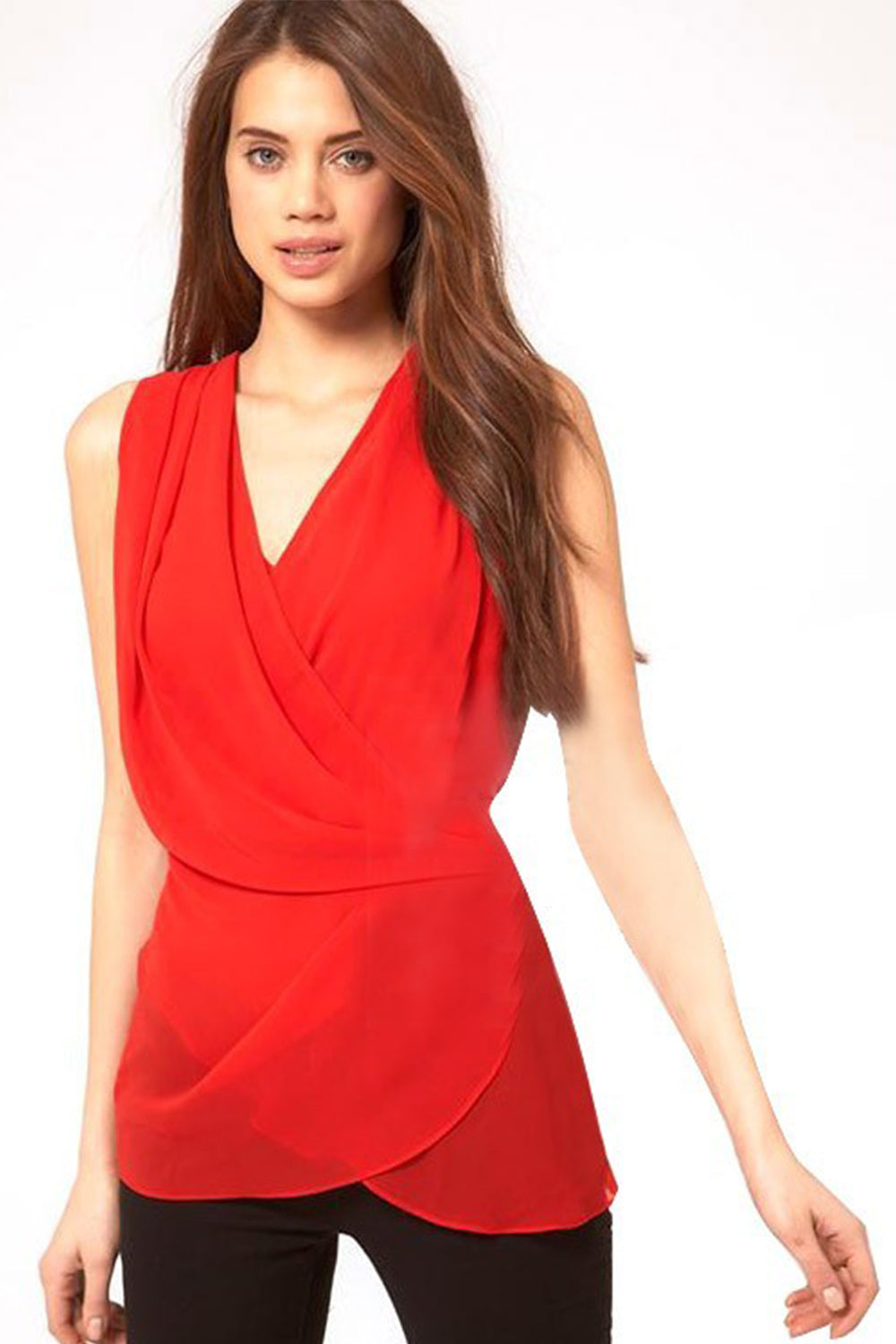 Women V-Neck Wrap Waist Chiffon Vest Sleeveless Top Red