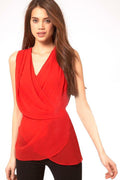 Women V-Neck Wrap Waist Chiffon Vest Sleeveless Top Red