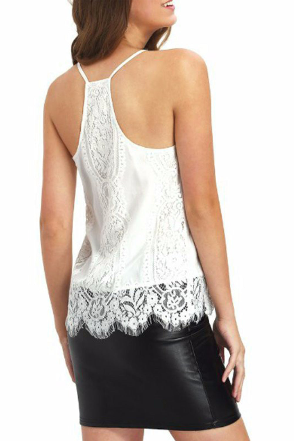Women Deep Neck Decorated Lace Thin Straps Top White