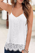 Women Deep Neck Decorated Lace Thin Straps Top White