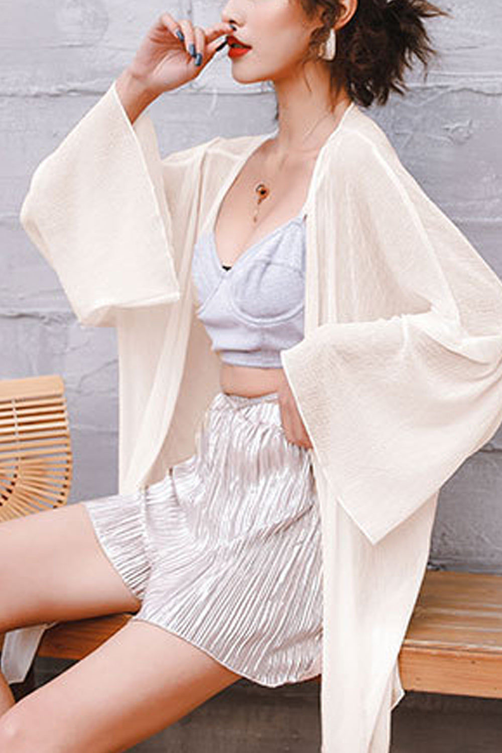 Women Delightful Flared Sleeve Solid Colored Cover-Up