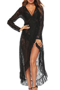 Women Ruffled Hem Long Sleeve Breathable Beach Cover-Up