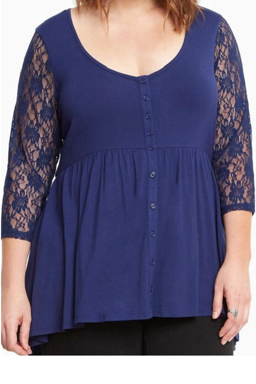 Women Lace Sleeves Plus size  Blouse Navy