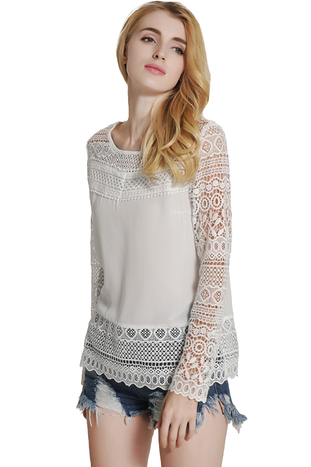 Women Lace Decorated Long Sleeves and Hem Blouse White