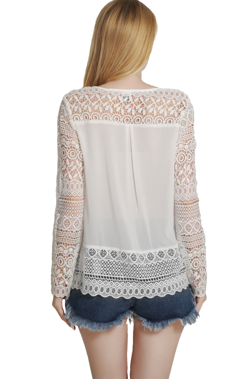 Women Lace Decorated Long Sleeves and Hem Blouse White