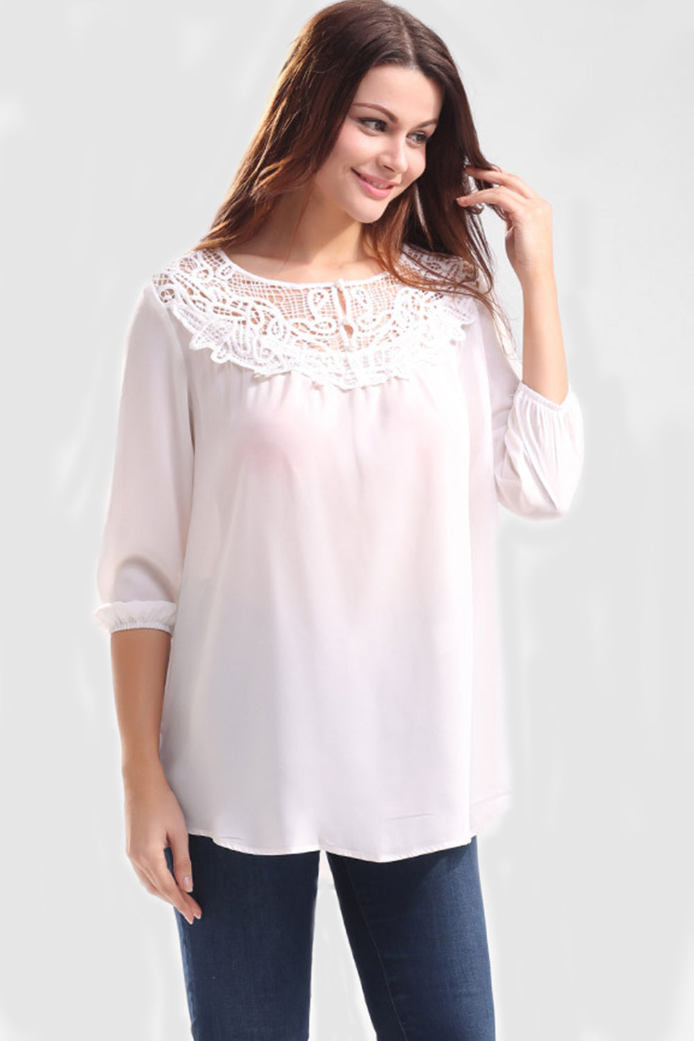 Women Casual Hollow Neck Lace Neck Chiffon Top White