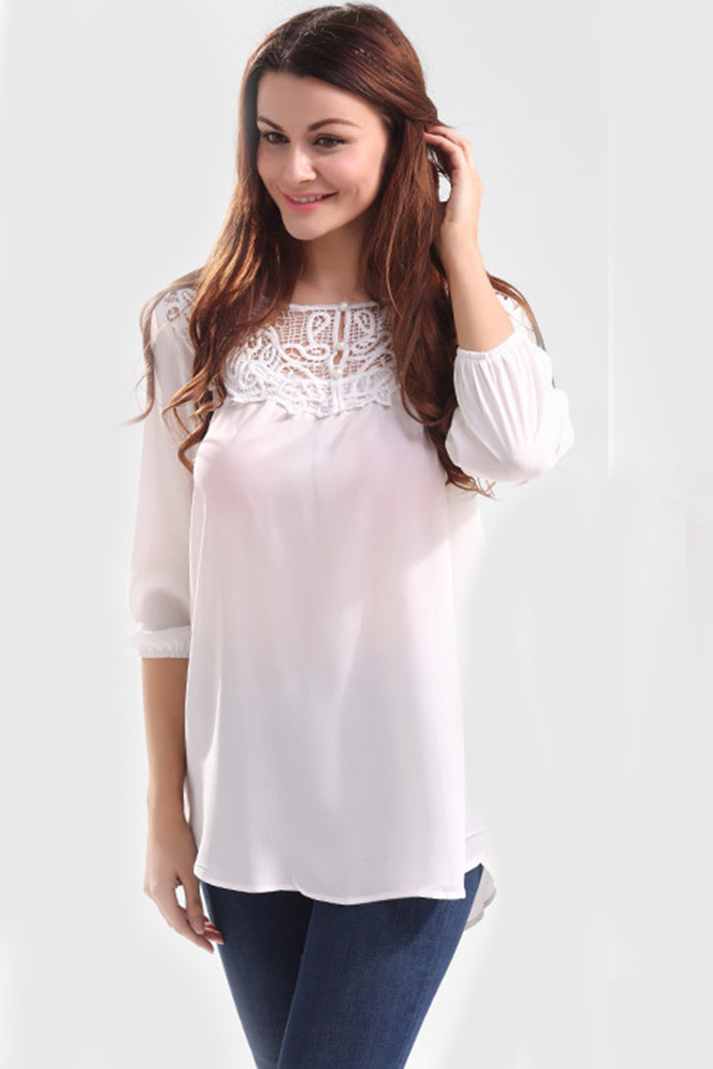 Women Casual Hollow Neck Lace Neck Chiffon Top White