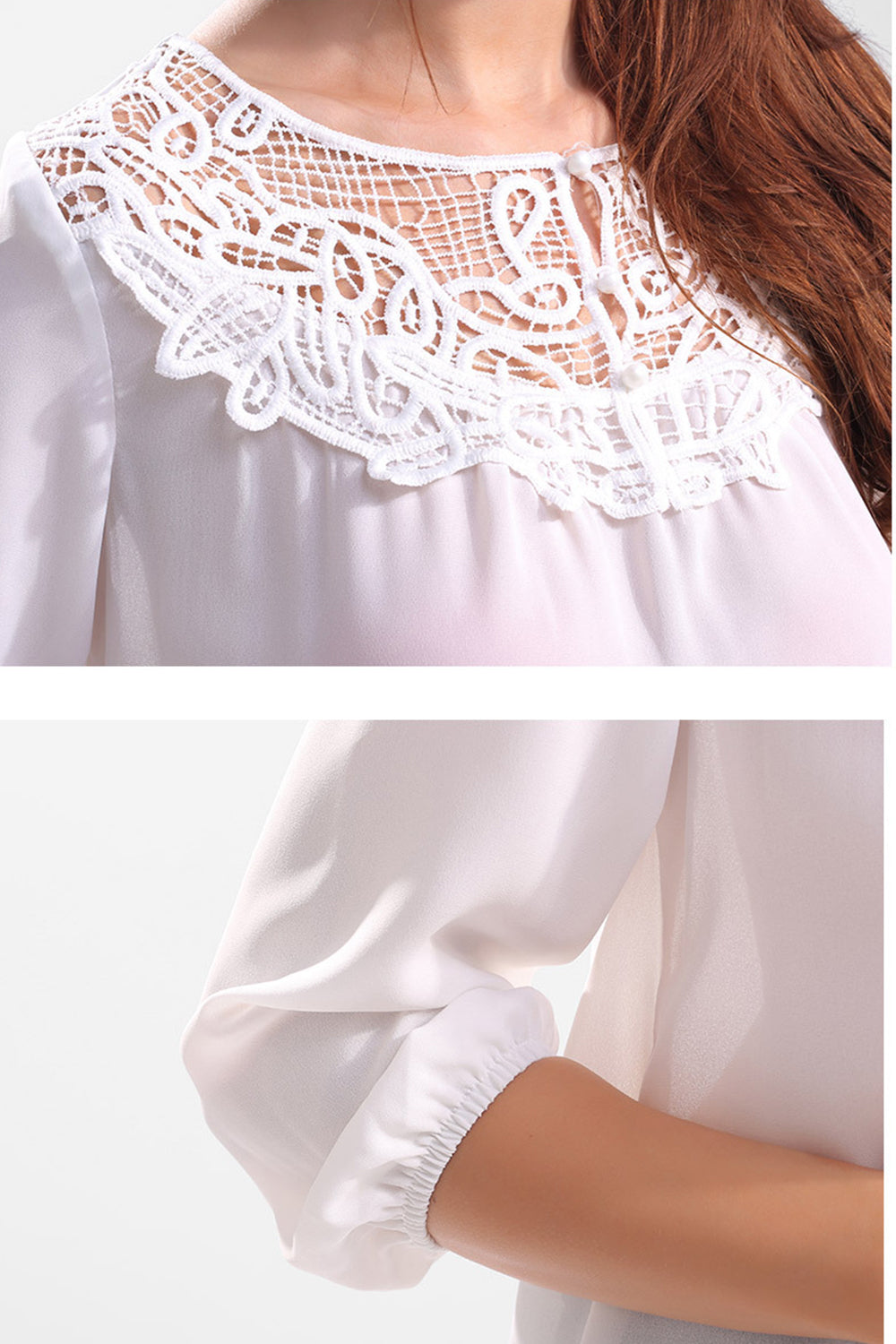 Women Casual Hollow Neck Lace Neck Chiffon Top White