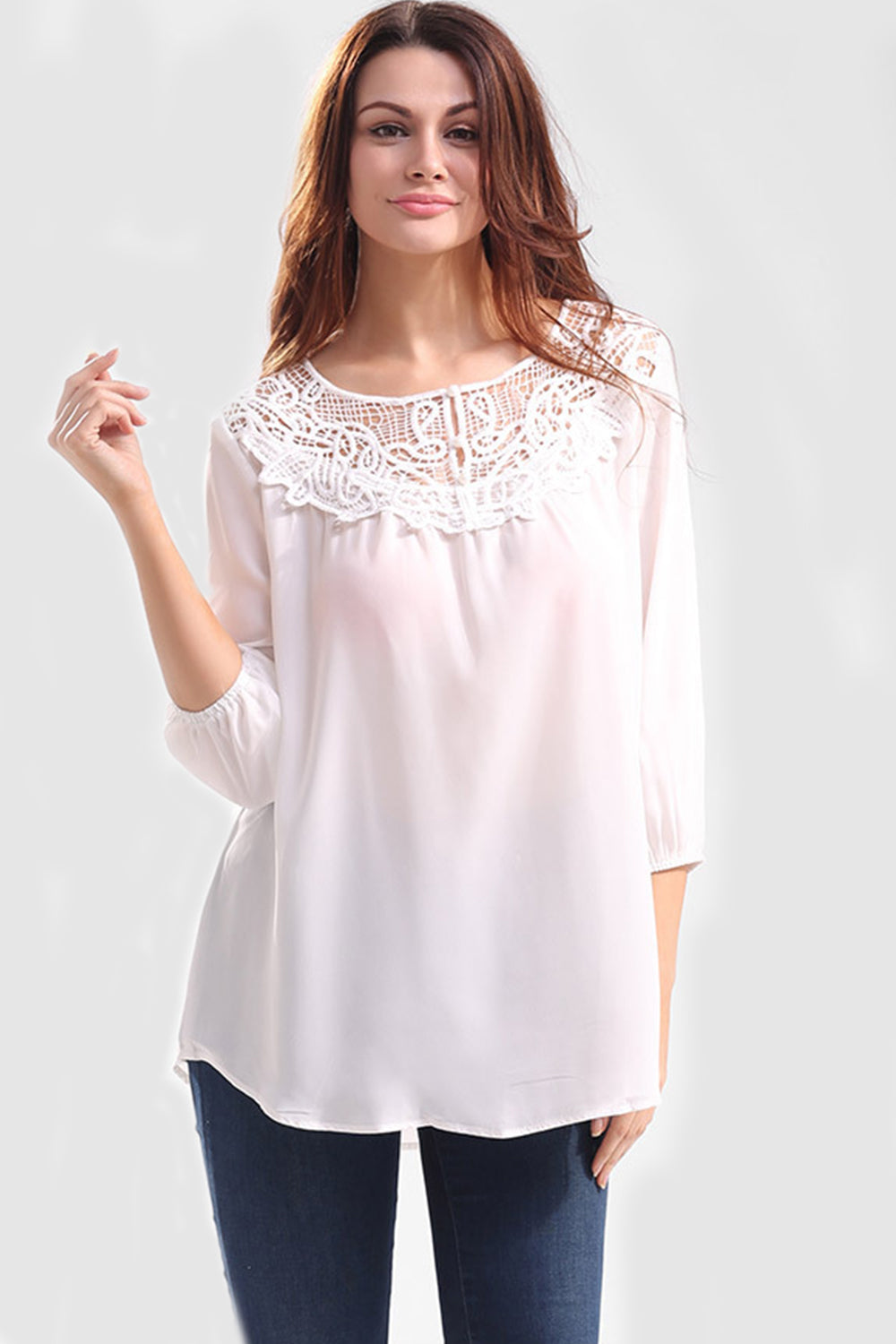 Women Casual Hollow Neck Lace Neck Chiffon Top White