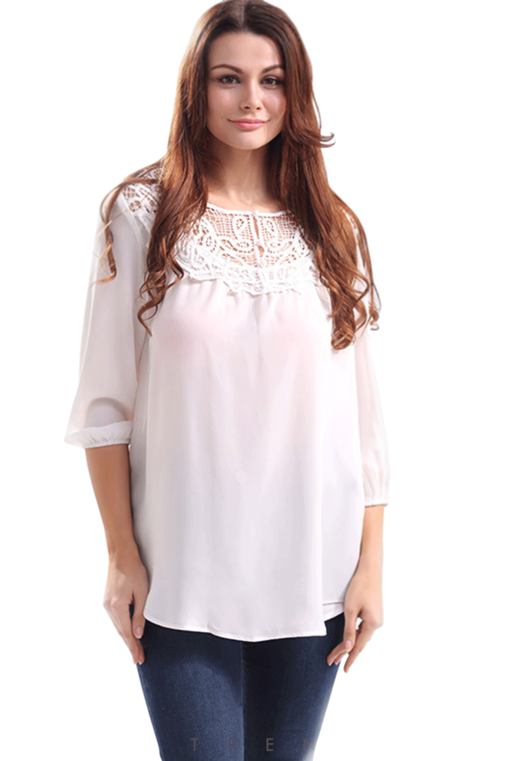 Women Casual Hollow Neck Lace Neck Chiffon Top White