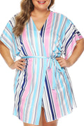 Women Stripe Printed Breathable Tie Waist Beach Cover-Up