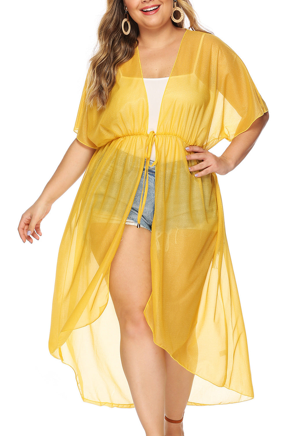 Women Solid Colored Strap Tie Waist Easy Cover-Up