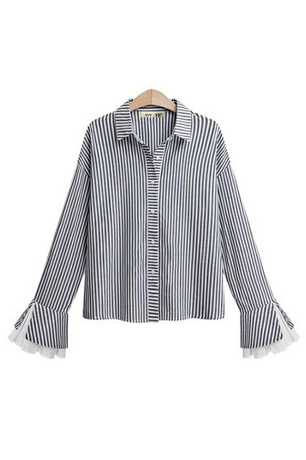 Women Striped Lotus Sleeve Collar Neck Casual Shirt